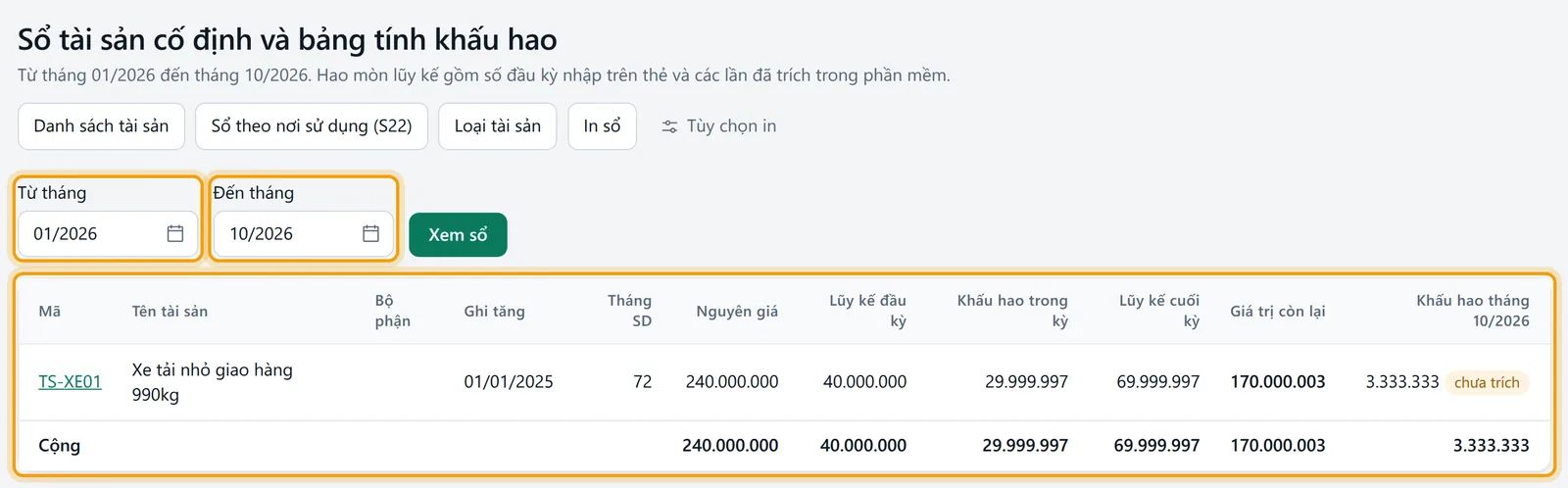 Sổ tài sản cố định và bảng tính khấu hao, bộ lọc khoảng tháng và nút Xem sổ được viền vàng