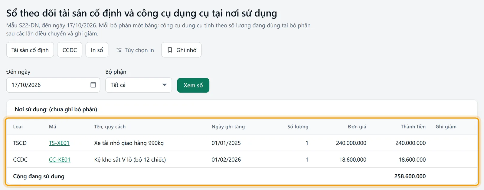 Sổ theo dõi tài sản cố định và công cụ dụng cụ tại nơi sử dụng, bảng theo bộ phận