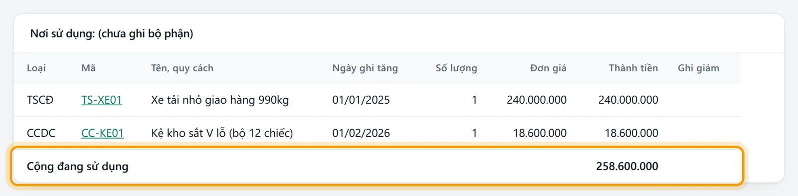 Dòng Cộng đang sử dụng của sổ được viền vàng