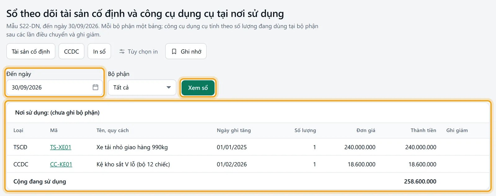 Ô Đến ngày 30/09/2026, ô Bộ phận Tất cả và nút Xem sổ được viền vàng