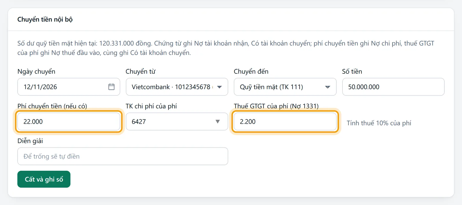 Khối Chuyển tiền nội bộ đã điền rút 50.000.000 từ Vietcombank về Quỹ tiền mặt, phí 22.000 và thuế 2.200