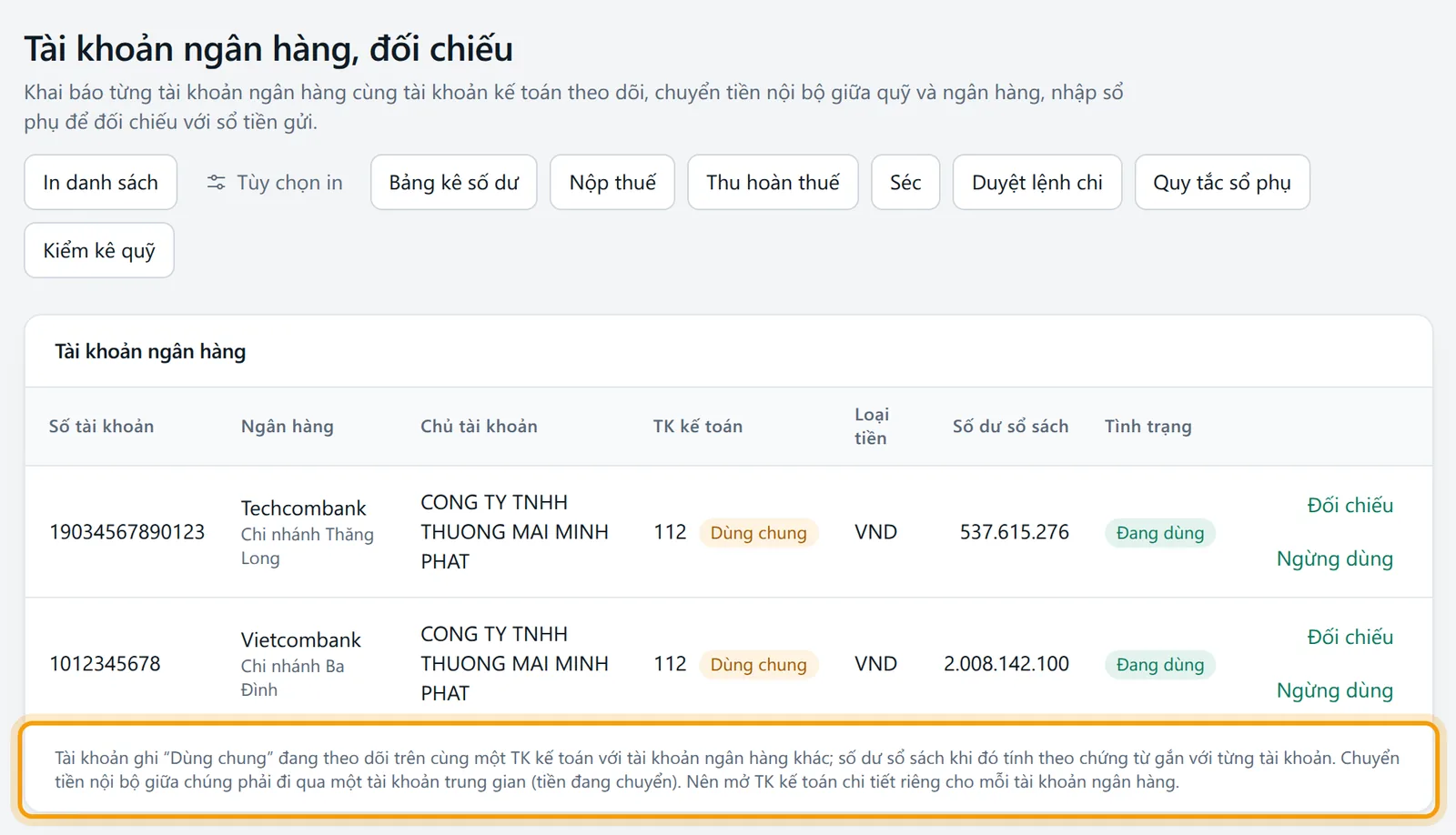 Cột TK kế toán của danh sách tài khoản ngân hàng ghi 112 kèm nhãn Dùng chung