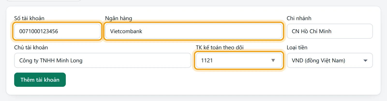 Biểu mẫu khai tài khoản đã điền số 0071000123456, Vietcombank, chủ tài khoản Công ty TNHH Minh Long, TK kế toán 1121
