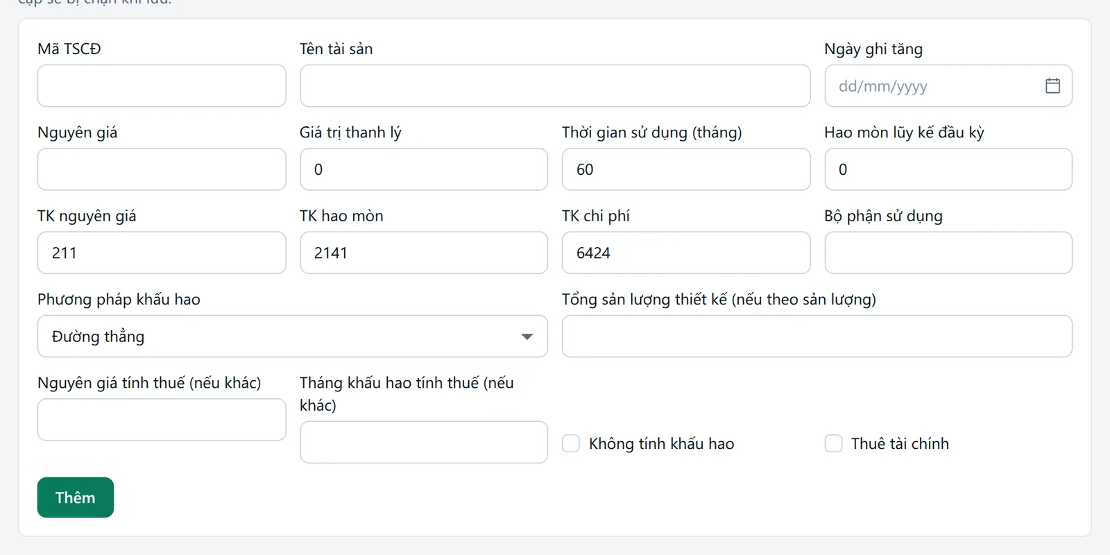 Form thêm thẻ tài sản không kèm chứng từ với các ô nguyên giá, thời gian sử dụng, tài khoản, phương pháp