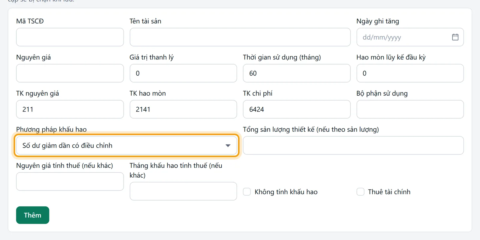Ô Phương pháp khấu hao chọn Số dư giảm dần có điều chỉnh, được viền vàng