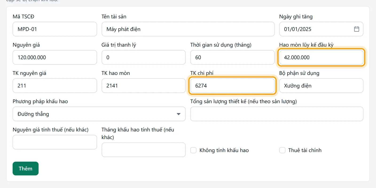 Form thẻ MPD-01 đã điền, ô hao mòn lũy kế đầu kỳ và tài khoản chi phí 6274 được viền vàng