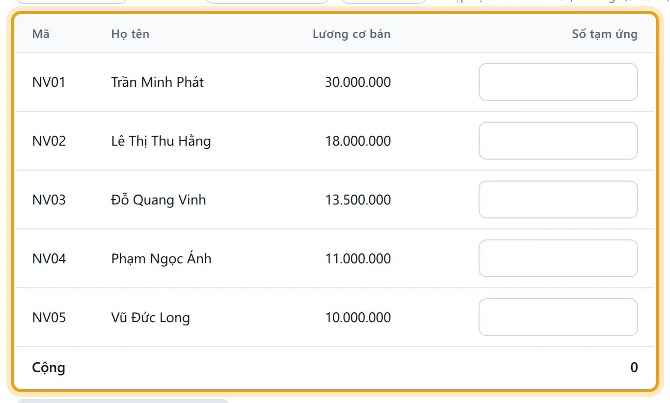Bảng nhập liệt kê nhân viên đang làm việc với lương cơ bản