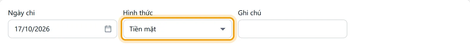 Hình thức Tiền mặt (phiếu chi) được chọn