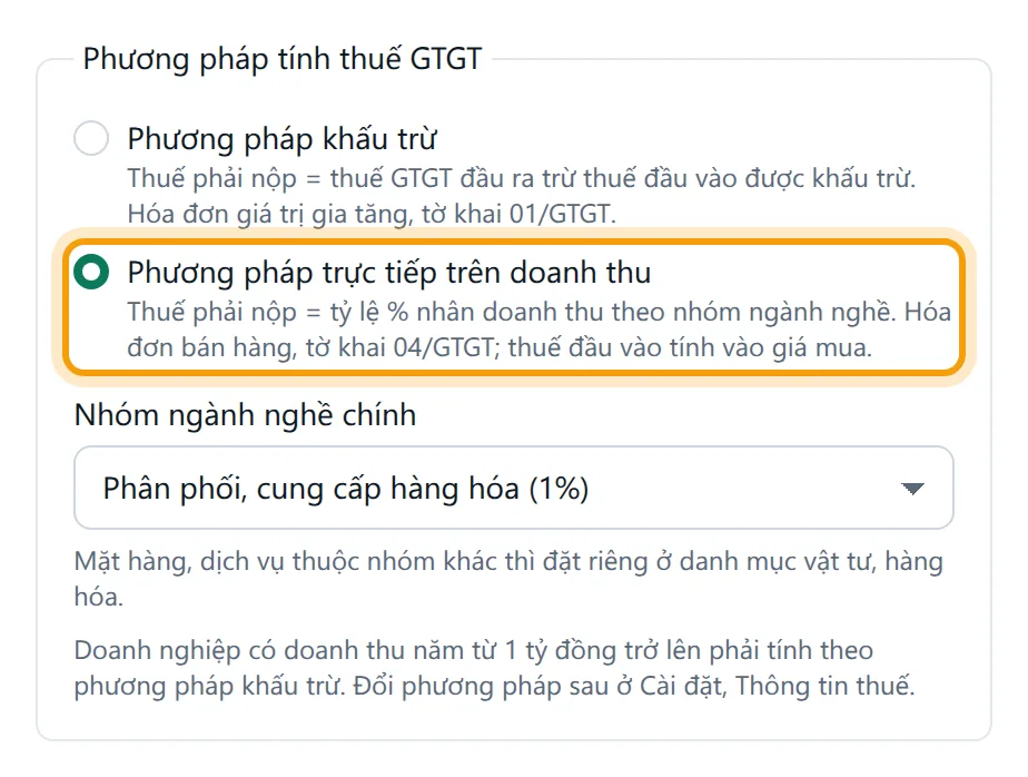 Chọn Phương pháp trực tiếp trên doanh thu thì hiện ô Nhóm ngành nghề chính