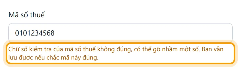Cảnh báo vàng dưới ô Mã số thuế khi chữ số kiểm tra không đúng
