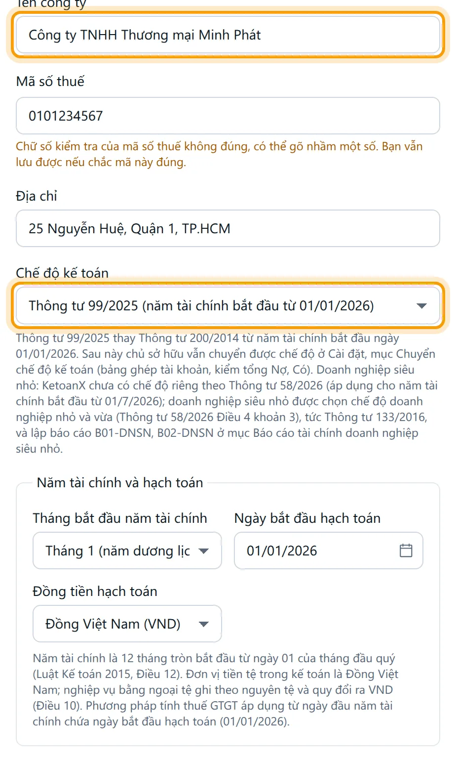 Phần đầu biểu mẫu tạo công ty đã nhập tên, mã số thuế, địa chỉ, chế độ kế toán, năm tài chính
