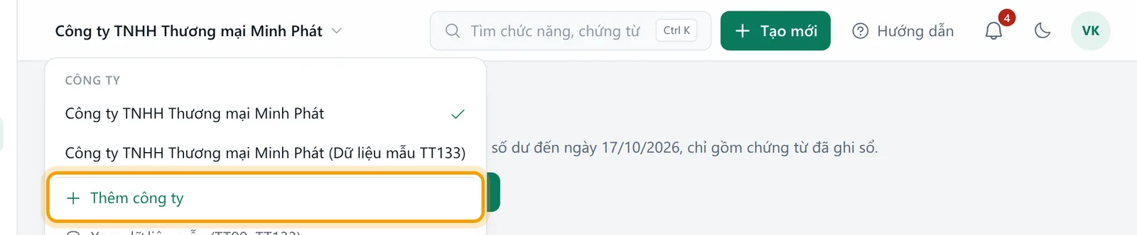 Danh sách Công ty ở thanh trên cùng, mục Thêm công ty được viền vàng