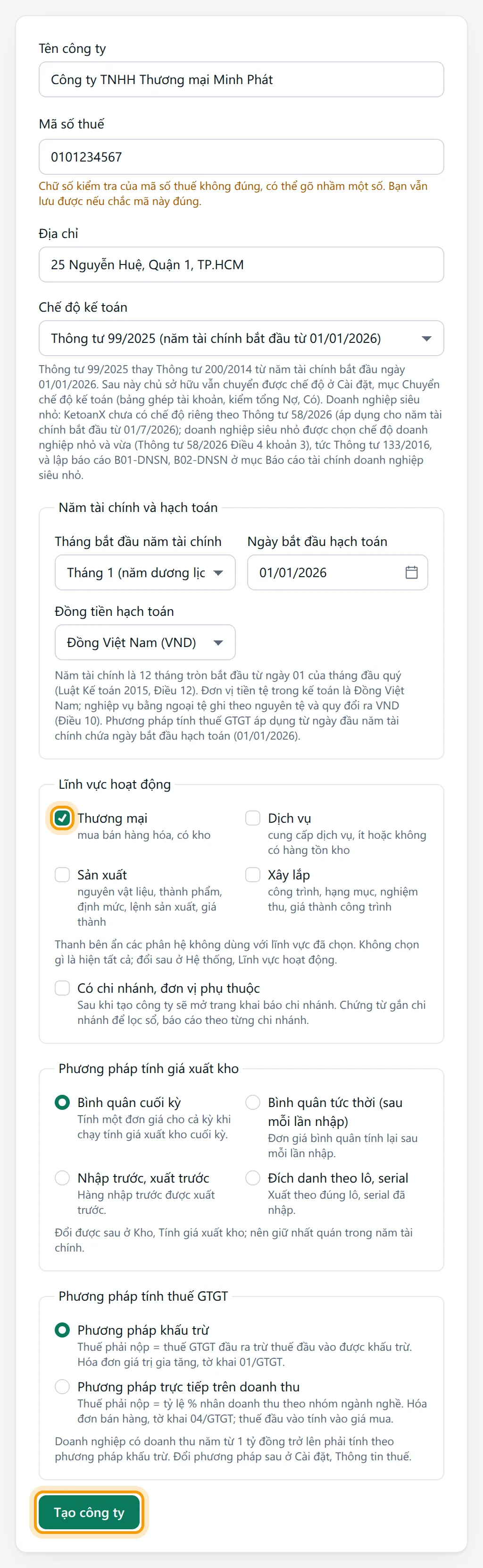 Biểu mẫu đã nhập Công ty TNHH Thương mại Minh Phát, mã số thuế 0101234567, ngày bắt đầu 01/01/2026, tích Thương mại