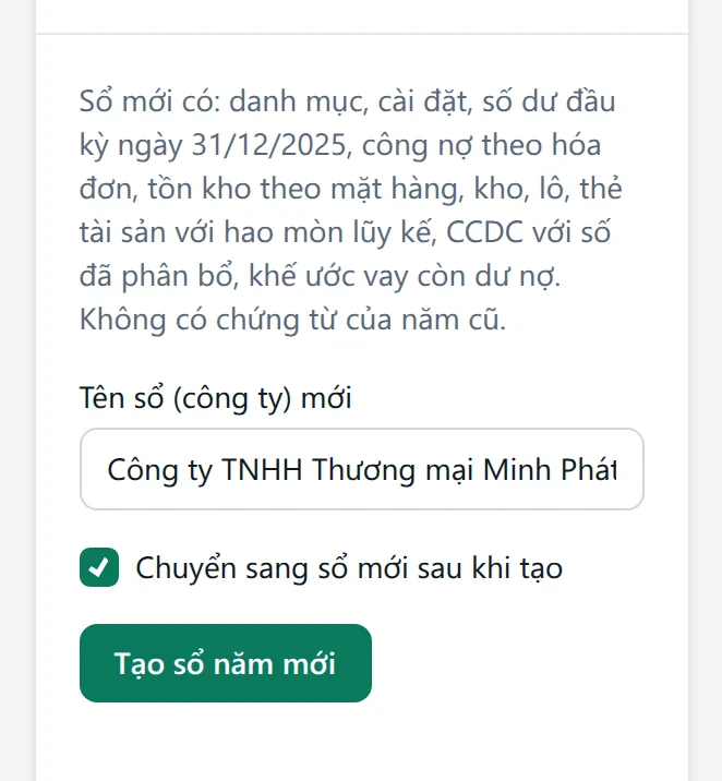 Khung Tạo sổ: ô Tên sổ (công ty) mới, ô tích Chuyển sang sổ mới sau khi tạo và nút Tạo sổ năm mới