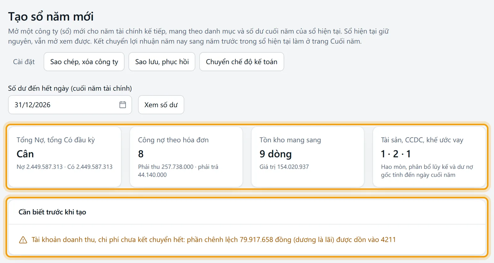 Ngày 31/12/2026 sau khi bấm Xem số dư: bốn ô thống kê và khung Cần biết trước khi tạo