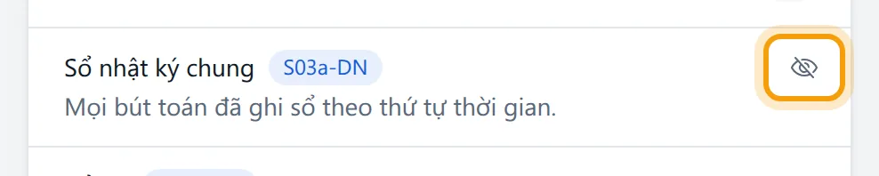 Nhóm Sổ kế toán, nút con mắt ở dòng Sổ nhật ký chung được viền vàng