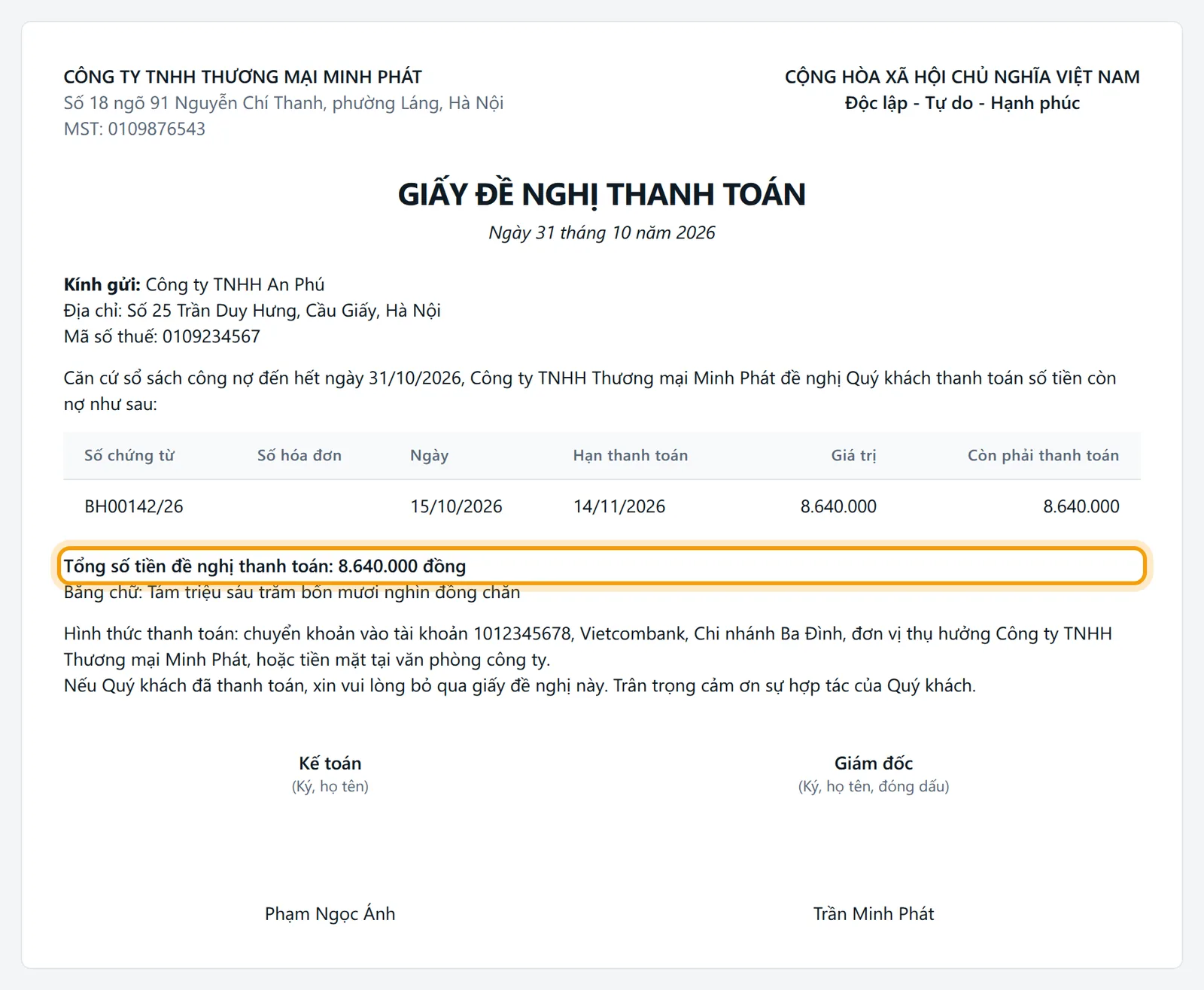 Giấy đề nghị thanh toán mẫu chung gửi Công ty TNHH An Phú, dòng tổng số tiền đề nghị được viền vàng