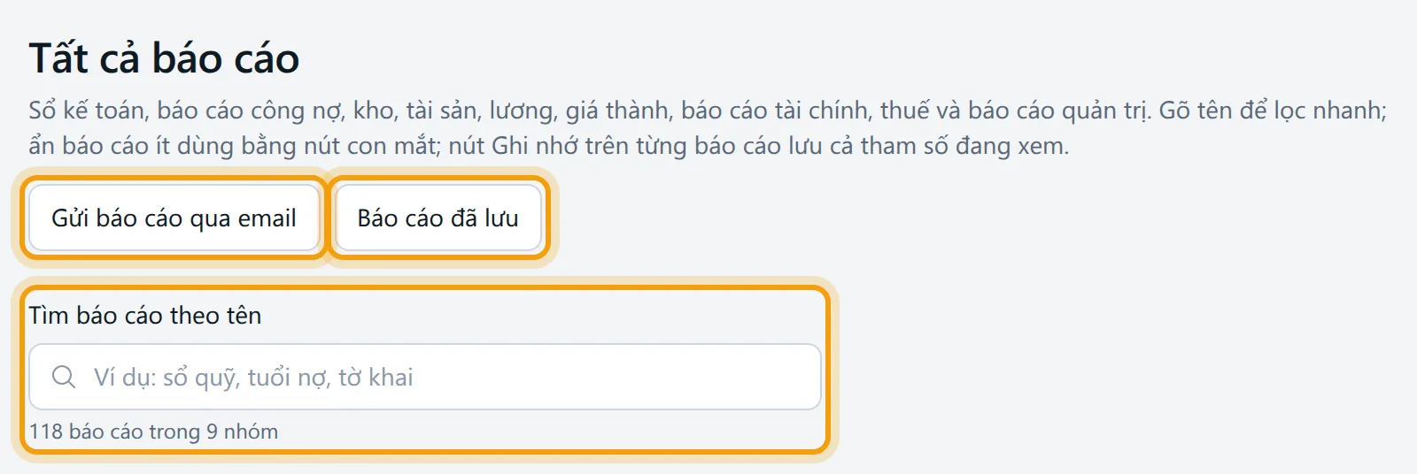 Trang Tất cả báo cáo, ô tìm báo cáo theo tên và hai nút Gửi báo cáo qua email, Báo cáo đã lưu được viền vàng
