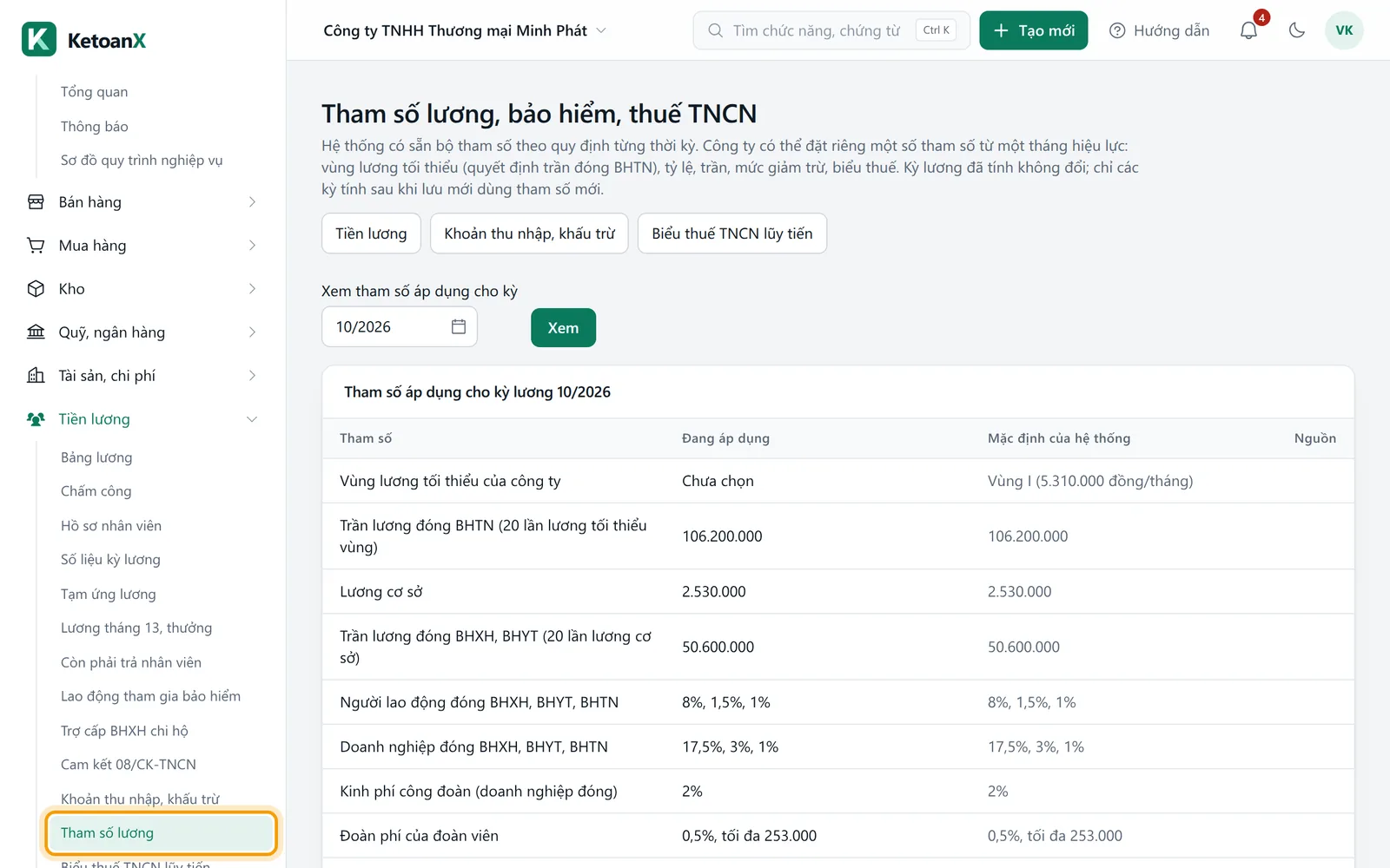 Menu bên trái, mục Tham số lương viền vàng