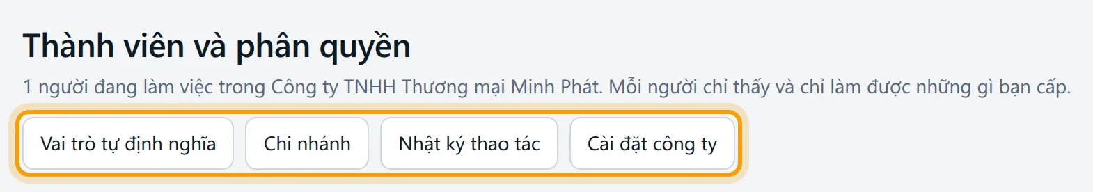 Màn Thành viên và phân quyền: bốn nút ở đầu trang và khung Thêm thành viên với bảng quyền theo phân hệ