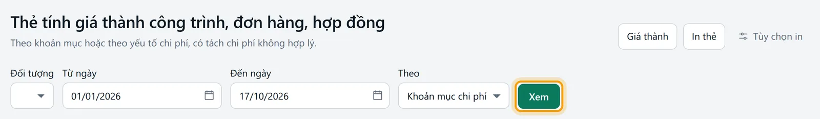 Màn báo cáo với bộ lọc khoảng ngày và nút xem được viền vàng