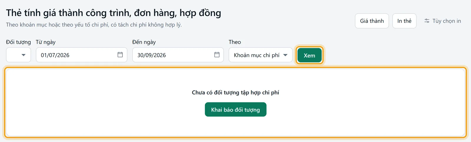 Bộ lọc đã đặt ngày, nút xem được viền vàng