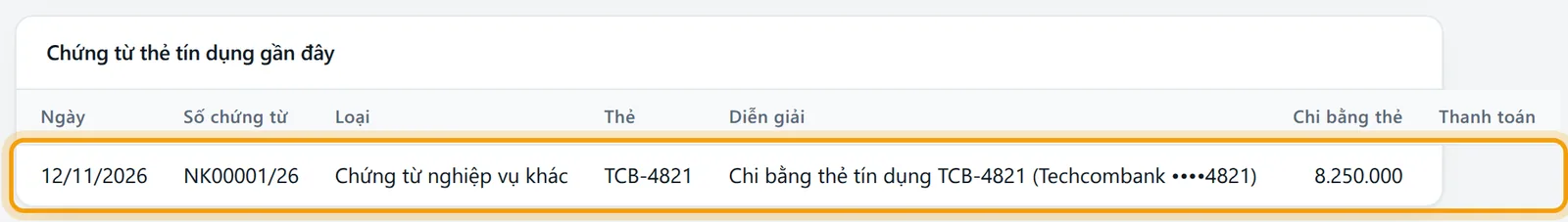 Khung Chứng từ thẻ tín dụng gần đây có chứng từ NK00001/26 ngày 12/11/2026 số tiền 8.250.000