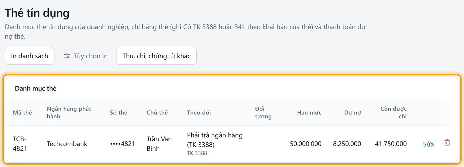 Màn Thẻ tín dụng với danh mục thẻ TCB-4821 hạn mức 50.000.000, dư nợ 8.250.000, còn được chi 41.750.000