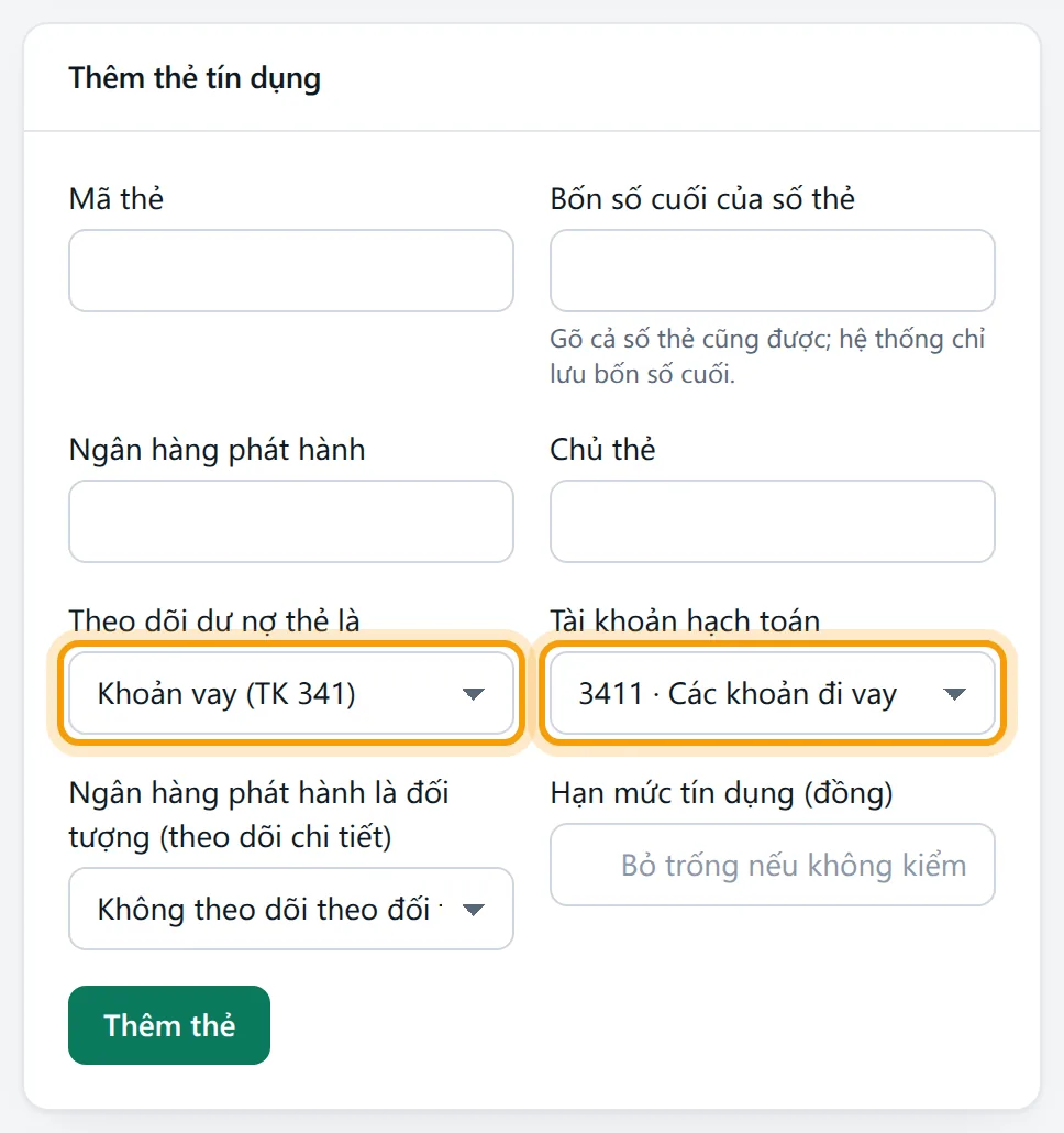 Khung Thêm thẻ tín dụng chọn Khoản vay (TK 341) thì Tài khoản hạch toán tự đổi sang 3411