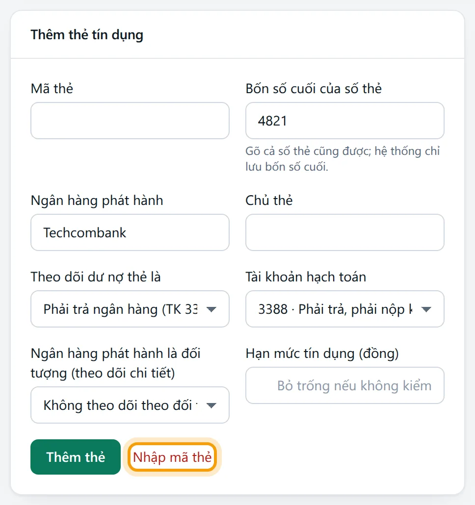Khung Thêm thẻ tín dụng báo Nhập mã thẻ khi chưa gõ mã thẻ