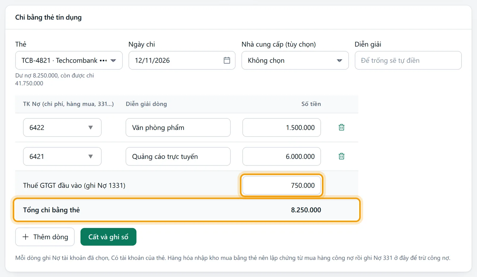 Khung Chi bằng thẻ tín dụng đã điền hai dòng chi 1.500.000 và 6.000.000, thuế 750.000, tổng chi 8.250.000