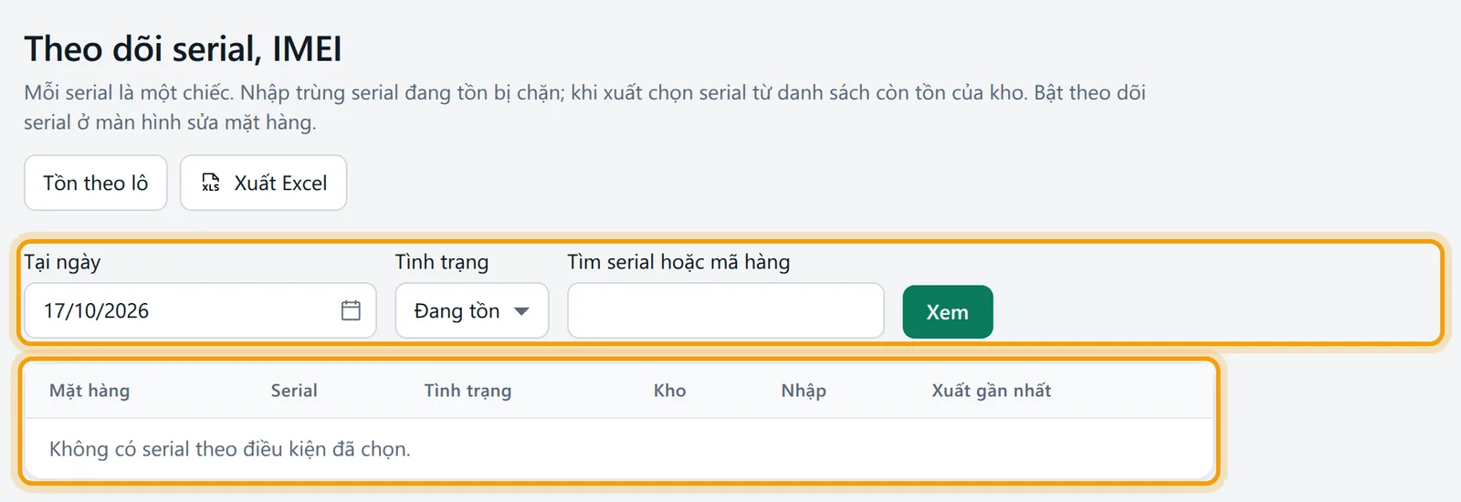 Màn Theo dõi serial, IMEI với bộ lọc và bảng serial