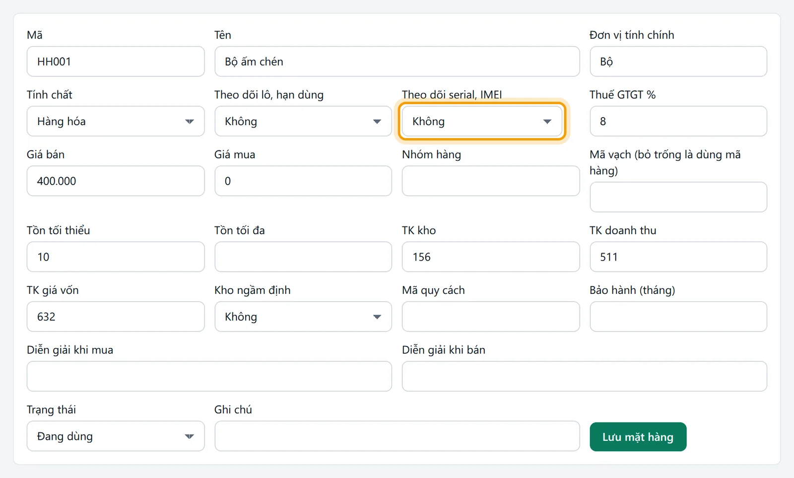 Trang sửa mặt hàng với ô Theo dõi serial, IMEI được viền vàng