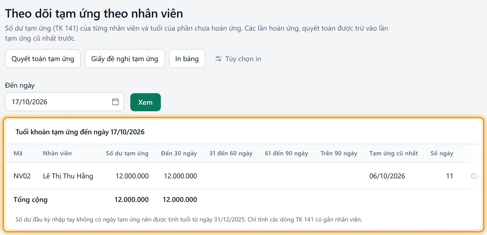 Màn Theo dõi tạm ứng theo nhân viên với bảng số dư và tuổi khoản tạm ứng của Lê Thị Thu Hằng