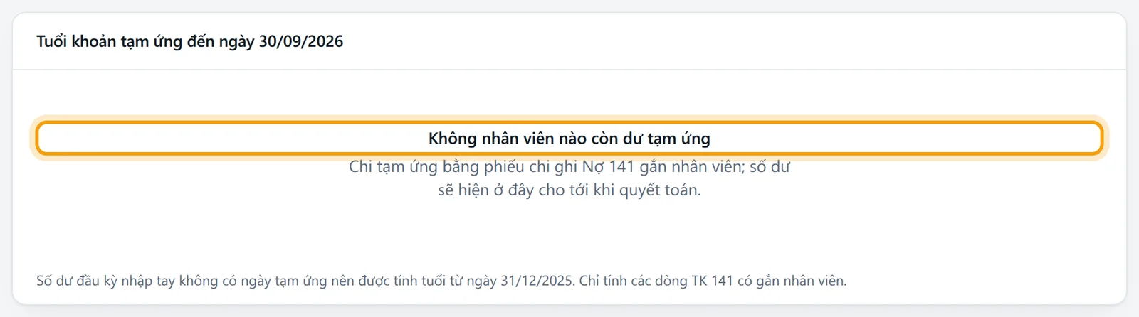 Bảng báo Không nhân viên nào còn dư tạm ứng khi chọn ngày trước ngày tạm ứng