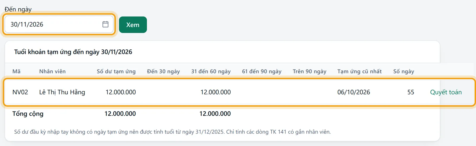 Đến ngày 30/11/2026, khoản tạm ứng 06/10/2026 của Lê Thị Thu Hằng nằm ở nhóm 31 đến 60 ngày, số ngày 55