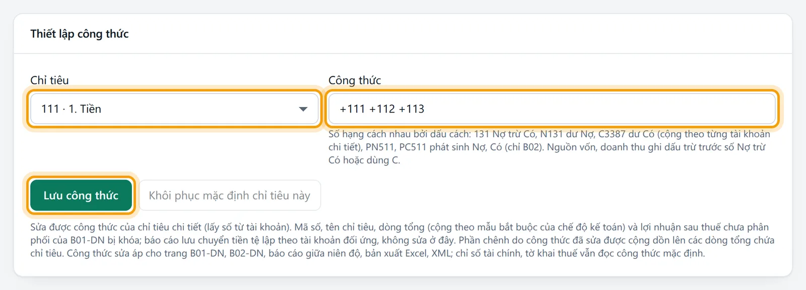 Ô Tại ngày, khung Thiết lập công thức với ô Chỉ tiêu và Công thức được viền vàng