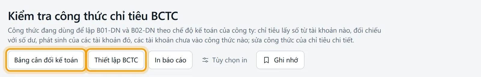 Đầu trang Kiểm tra công thức chỉ tiêu BCTC, các nút Bảng cân đối kế toán và Thiết lập BCTC được viền vàng