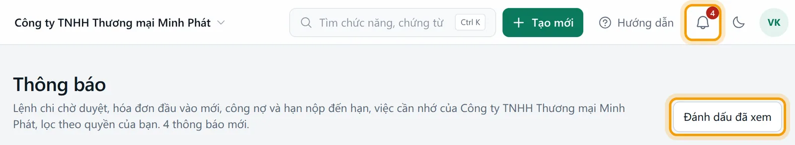 Chuông báo số mới và nút Đánh dấu đã xem để đưa số về 0