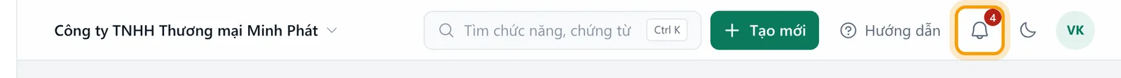 Chuông thông báo trên thanh trên cùng kèm số thông báo mới