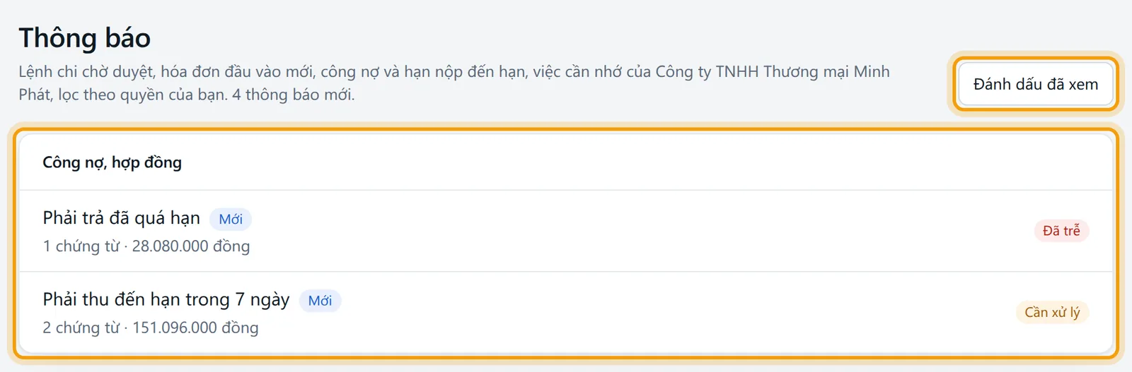 Trang Thông báo chia theo nhóm, nút Đánh dấu đã xem viền vàng