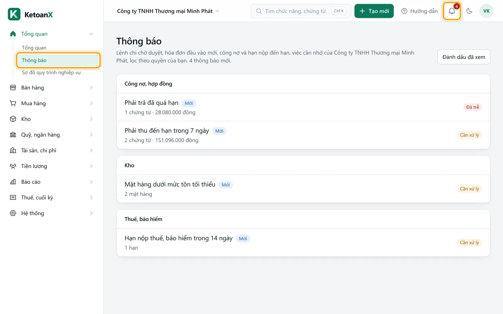 Menu bên trái, mục Thông báo trong nhóm Tổng quan viền vàng
