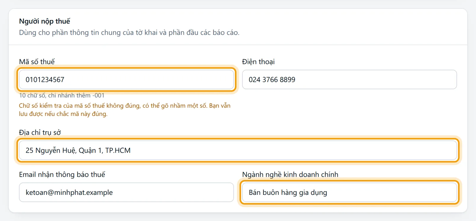 Mã số thuế 0101234567, địa chỉ trụ sở và ngành nghề kinh doanh chính đã nhập trong khối Người nộp thuế
