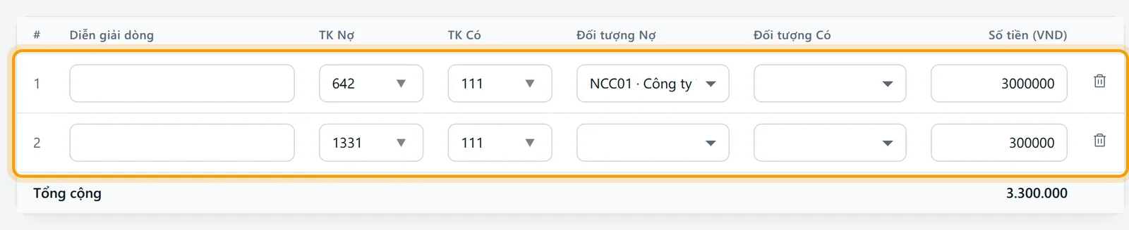 Hai dòng bút toán của phiếu chi: Nợ 642 Có 111 và Nợ 1331 Có 111
