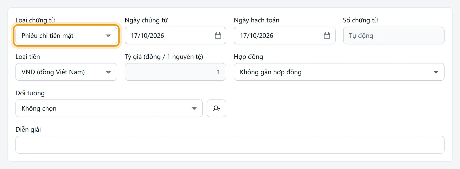 Ô Loại chứng từ đã chọn Phiếu chi tiền mặt trên biểu mẫu Lập chứng từ