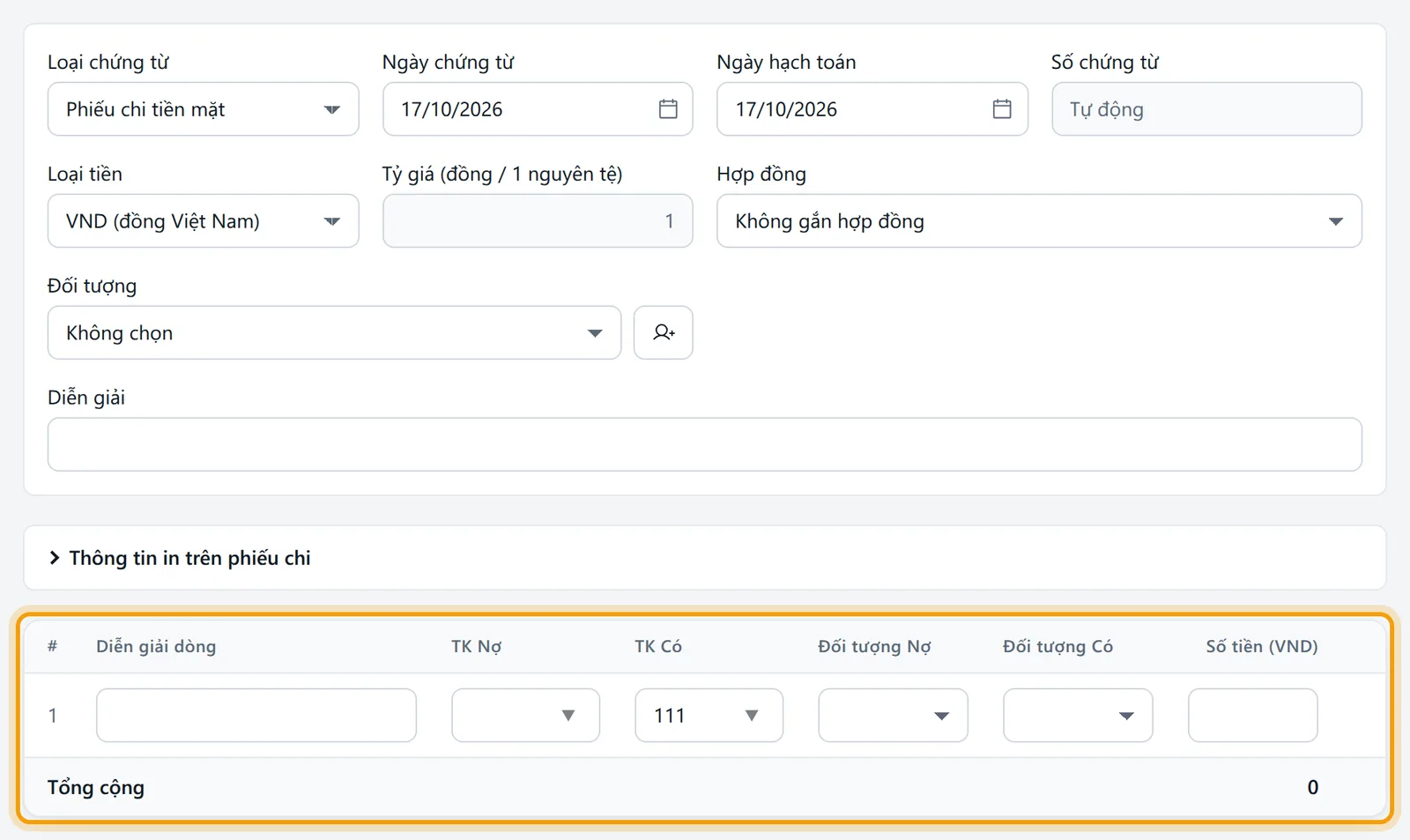 Phần đầu biểu mẫu Lập chứng từ cho phiếu chi tiền mặt và lưới dòng hạch toán