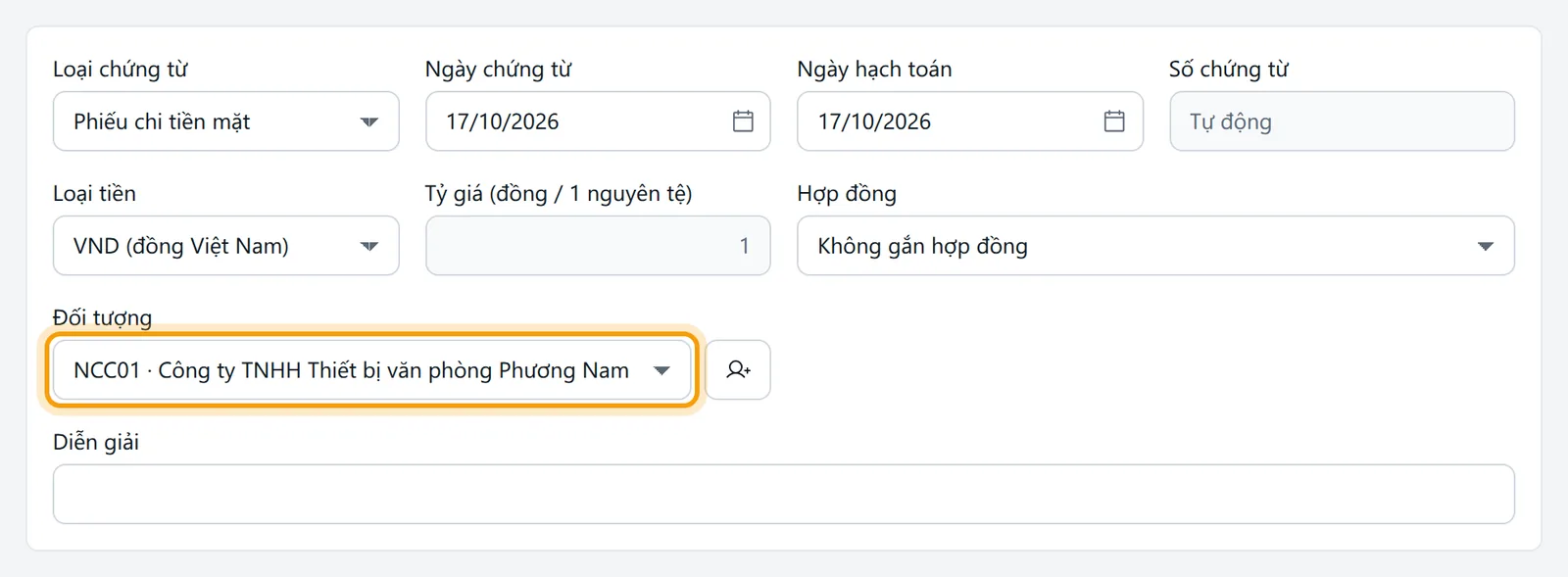 Ô Đối tượng của biểu mẫu phiếu chi đã chọn được nhà cung cấp từ danh mục