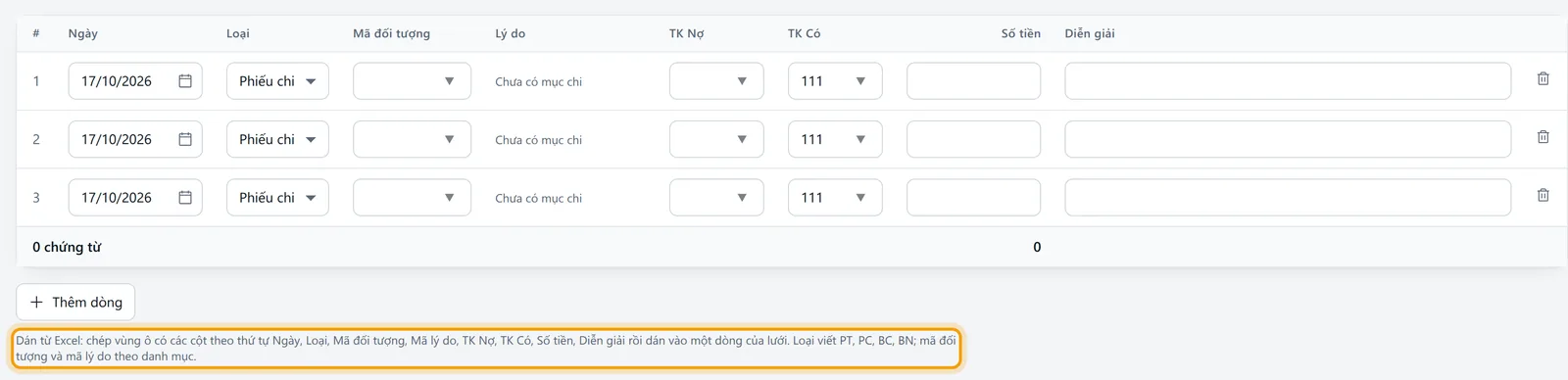 Dòng hướng dẫn dán từ Excel dưới lưới nhập hàng loạt được viền vàng