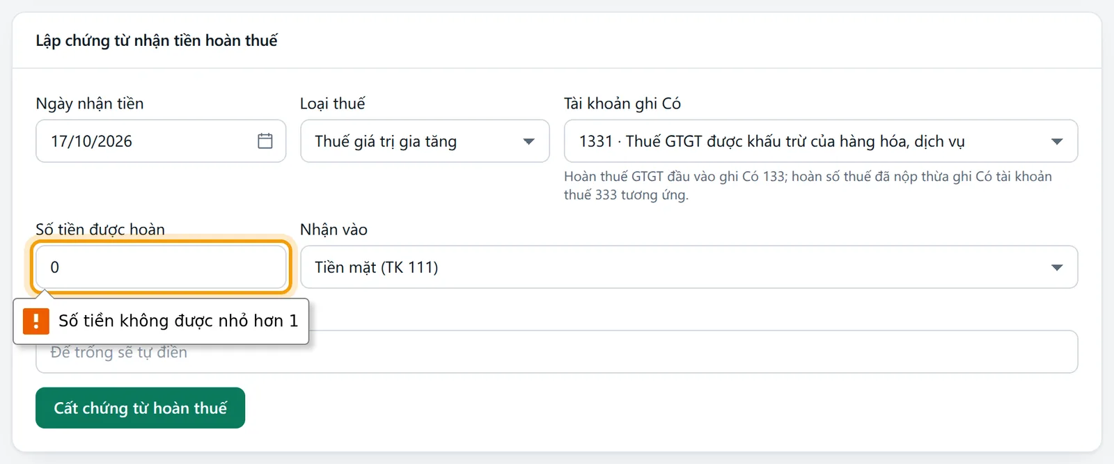 Ô Số tiền được hoàn nhập 0 bị trình duyệt chặn kèm dòng Số tiền không được nhỏ hơn 1