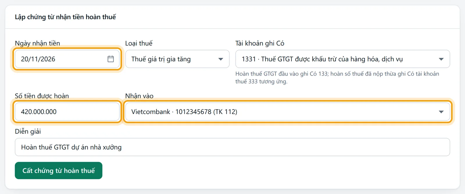 Khung đã điền ngày 20/11/2026, thuế GTGT, tài khoản ghi Có 1331, số tiền 420.000.000, nhận vào Vietcombank
